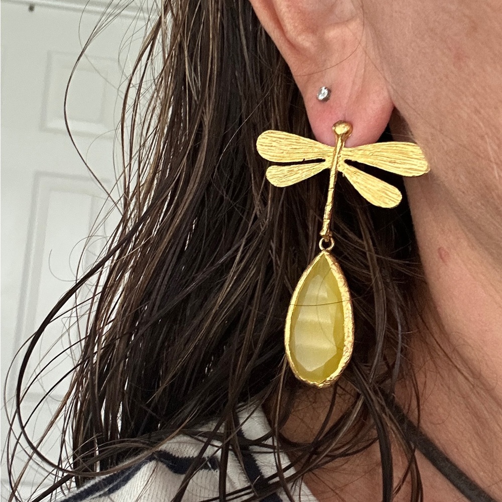 Elegant Gold Dragonfly Earrings with Yellow Gemstone